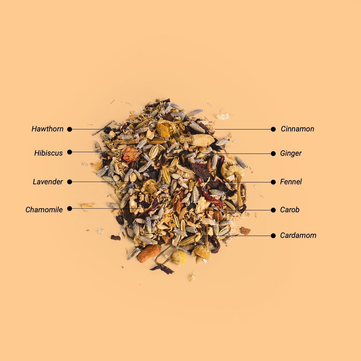 View of the loose leaf tea from Herbaly's Heart Functional Tea showing the variety of herbs and ingredients